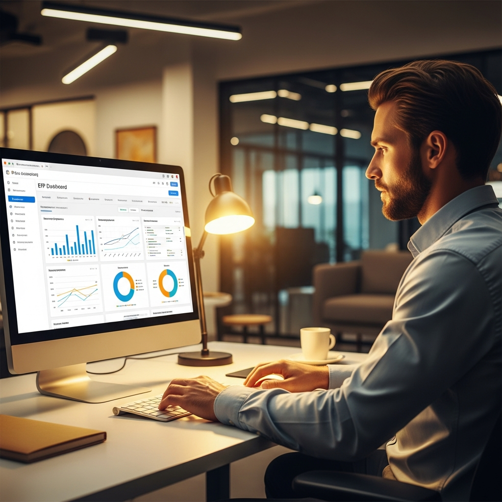 Professional using Palladium ERP dashboard for accounting and business management